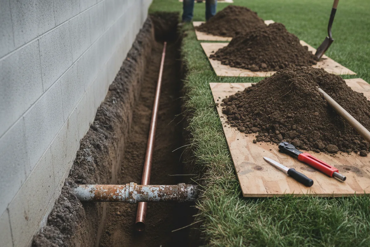 Excavated water line trench during Water Softener Installation in Saint Helena